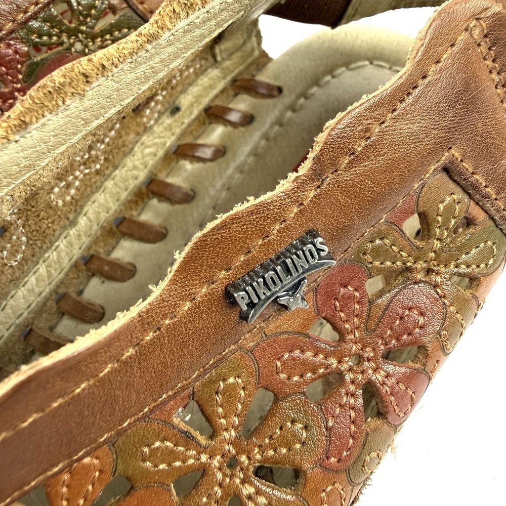 Pikolinos Romana Shoes 38 Brown Floral Cutout Slingback Colorful Boho Chic - Picture 2 of 10